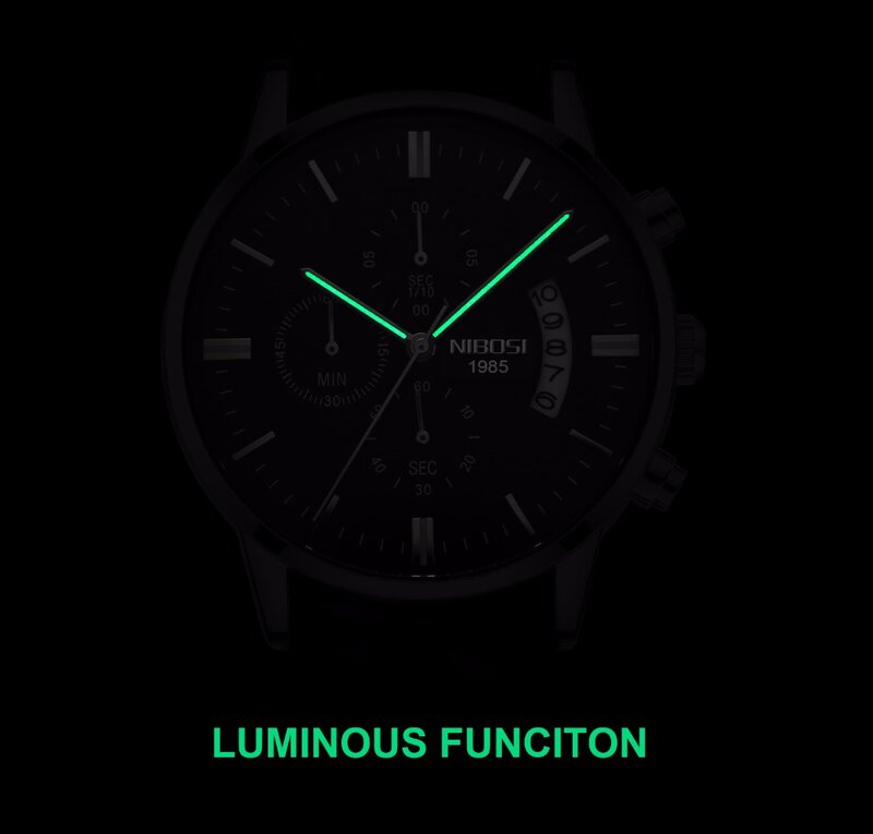 NIBOSI นาฬิกาควอตซ์ผู้ชายสีดำ Mens Luxury Chronograph กีฬานาฬิกาส่องสว่างกันน้ำ Relogio Masculin