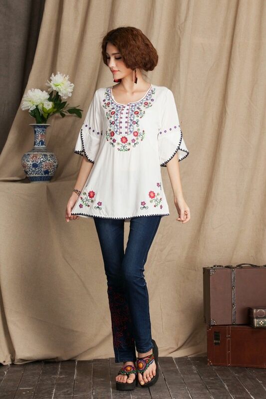 Tunique en coton doux pour femme, chemisier hippicopter, broderie florale mexicaine, chemises d'été Boho, vintage des années 70, 2021