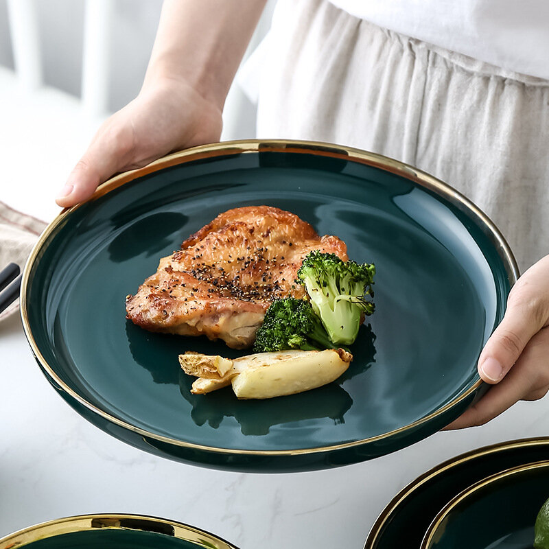 Assiette à Steak céramique verte en or | Assiette à Steak, vaisselle de table de Style nordique, bol Ins assiette à dîner, porcelaine de haute gamme