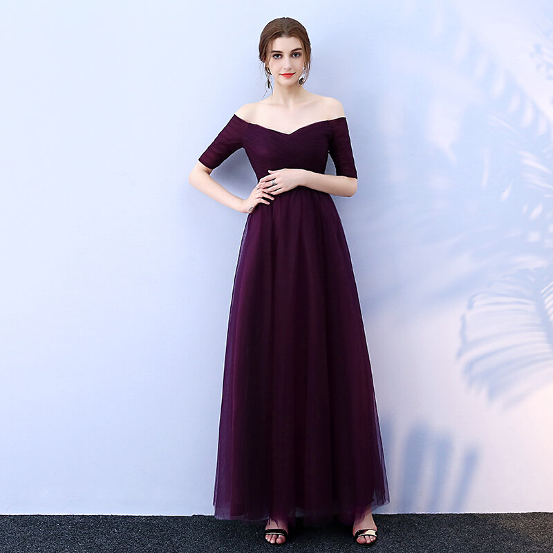 Beauty-Emily Long Purple Red Gray Evening Dresses 2019 A-Line Off the Shoulder Half Sleeve Vestido da dama de honra