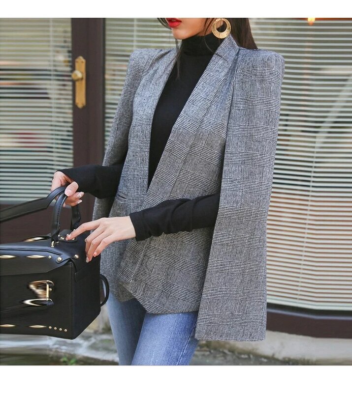2021 nova manga longa capa blazer casaco feminino entalhado divisão capa jaqueta terno feminino blazer ol escritório workwear xadrez preto