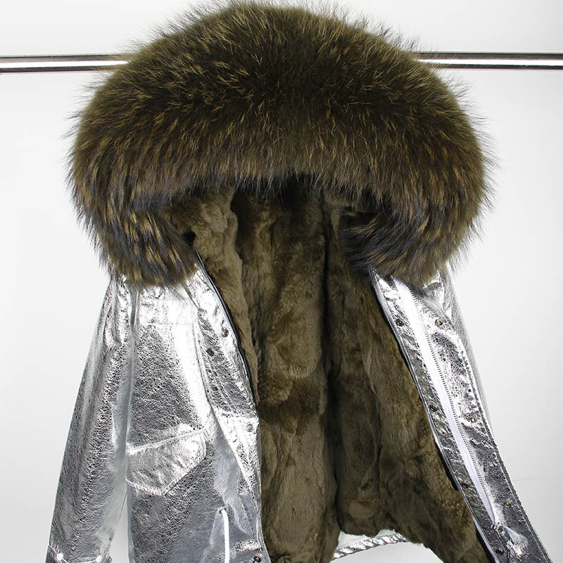 Maomaokong-Parka forrada de piel de conejo para mujer, abrigo de piel Real Natural, abrigo plateado, chaqueta de invierno, cuello de piel de zorro de mapache, Parkas cálidas