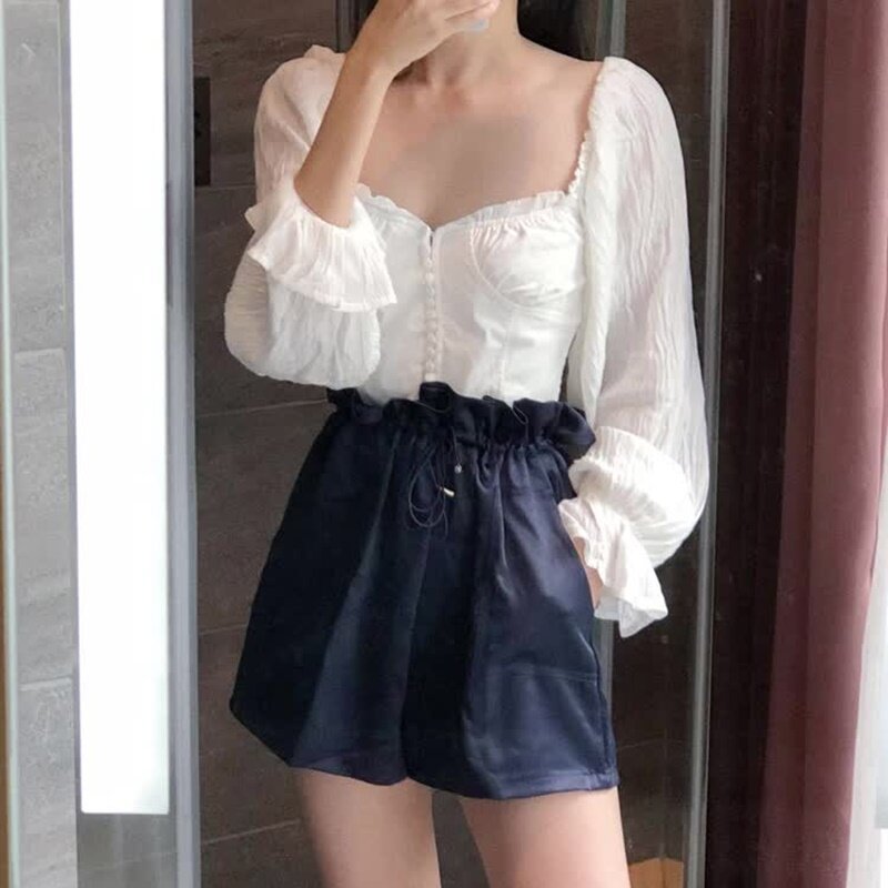 White Vintage Shirt Women Tops Summer 2019 Court Style Square Collar Balloon Sleeve Short Retro Womens Tops And Blouses DD2174