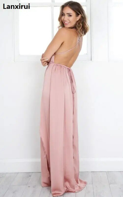 새로운 패션 여름 섹시한 드레스 깊은 V 칼라 민소매 스트랩 핑크 다시 섹시한 나이트 클럽 롱 드레스