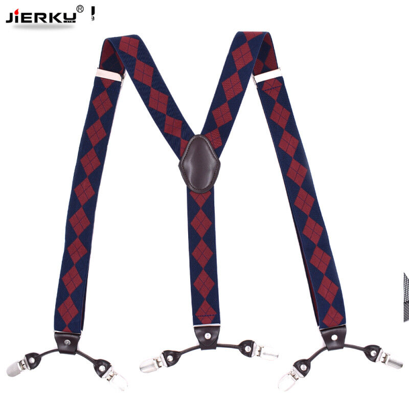 JIERKU Suspender Kawat Gigi 6 Klip Manusia Persegi kotak-kotak Suspensorio Fashion Celana Tali Ayah/Suami Hadiah 3.5*120 cm