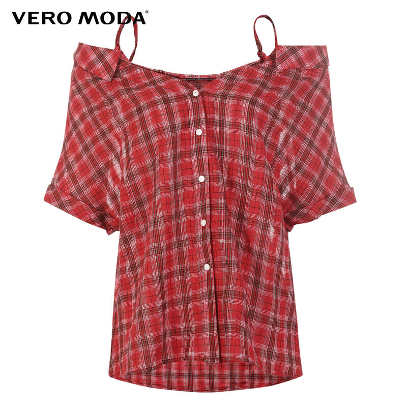 Vero moda Off-Ombro Top Xadrez Metade Mangas das Mulheres Camisa Xadrez Blusa | 31836W506
