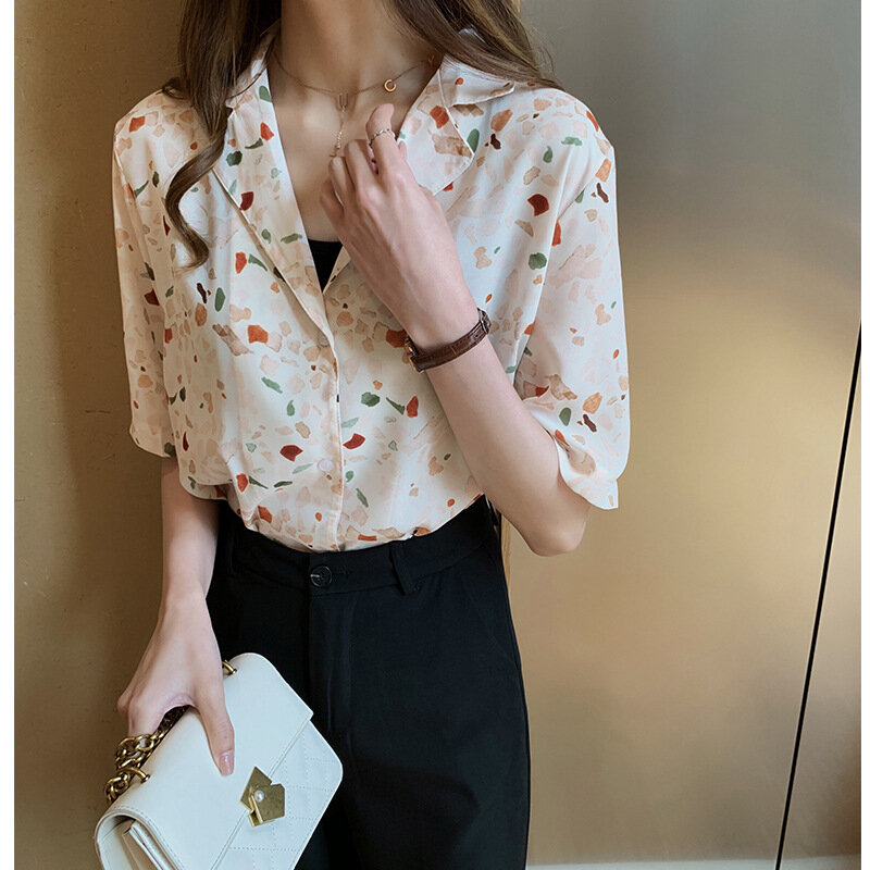 Летняя женская тонкая шифоновая рубашка, новая Корейская блузка с принтом, женские повседневные свободные Модные топы с коротким рукавом и отложным воротником, H9001