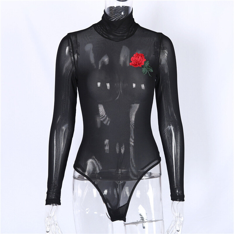 ファッション女性春夏レディースセクシーな刺繍の花長袖メッシュ透明シャツ黒スキニーボディスーツ