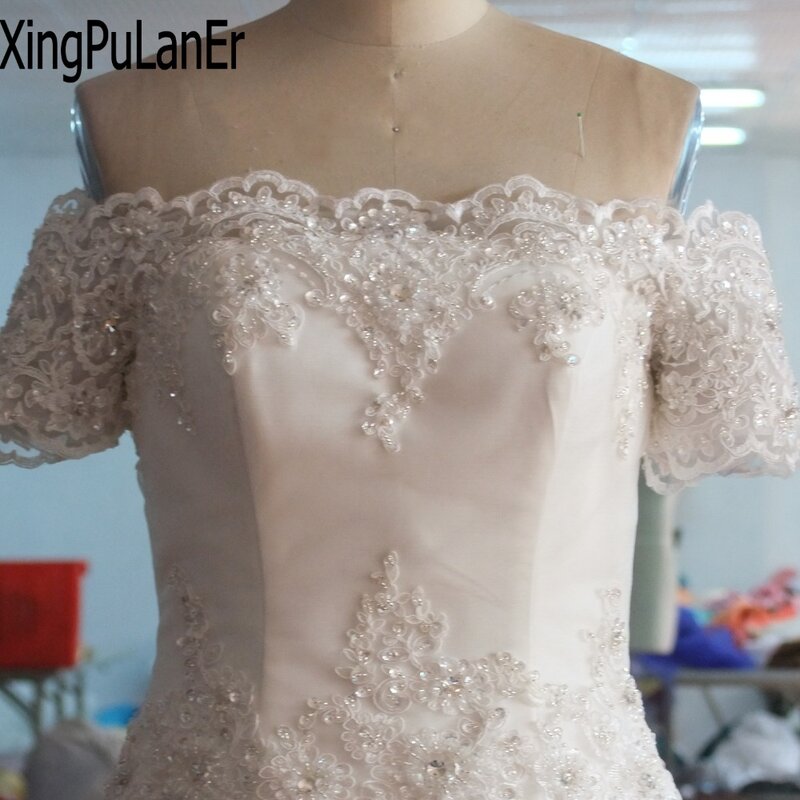 XingPuLanEr Empire Lace Appliqued Vestido De Noiva De Renda สีขาวยาว Vintage เจ้าสาวแขนสั้นงานแต่งงานชุด Plus