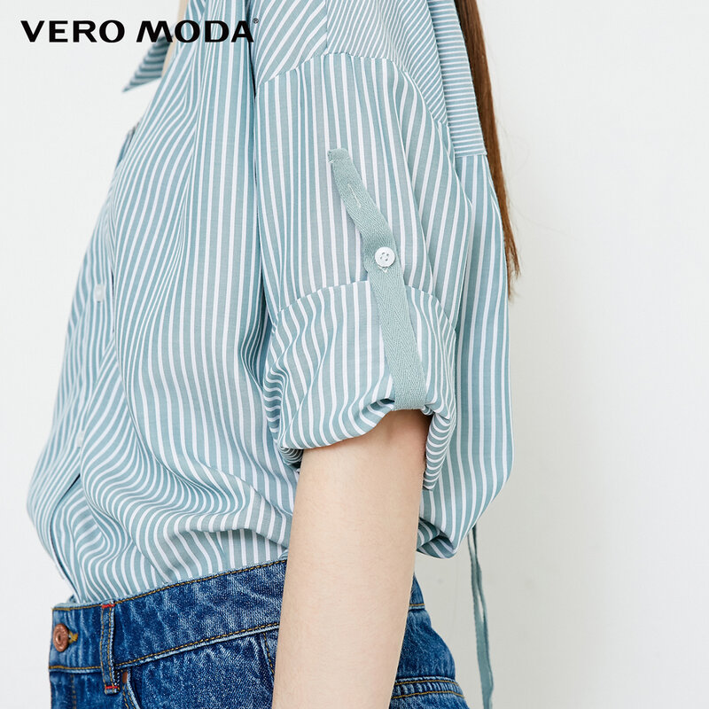 Vero Moda 여성용 레이스 업 칼라 스트 라이프 3/4 소매 셔츠 | 318331525