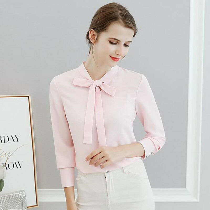 Blusa de chifón de manga larga para primavera y verano, camisa con lazo, Color puro, moda coreana, ocio, H9113