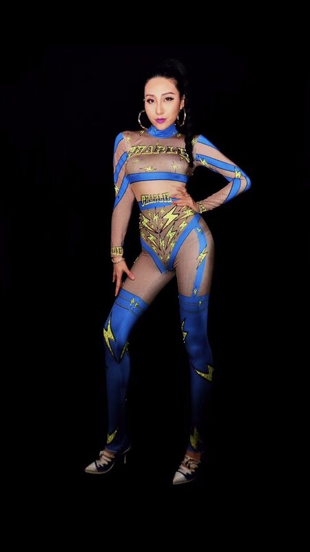 Macacão feminino com estampa lightning, 3 cores, strass, malha elástica, boate, mulheres, traje, apresentação, cantoras, bodysuit