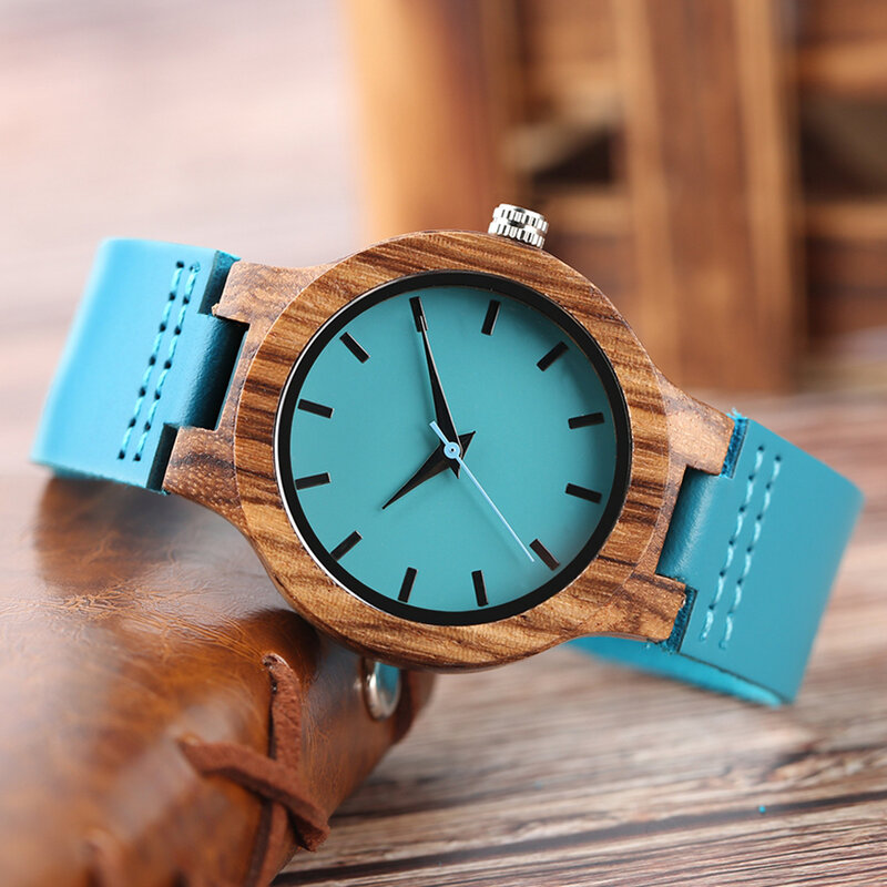 Montre-bracelet en bois gravée pour femme, accessoire de luxe, à Quartz, automatique, bleu Turquoise, avec boîte cadeau