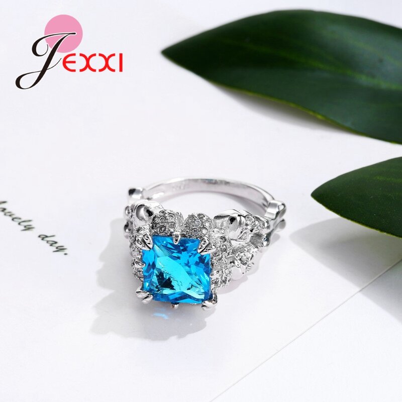 Retro Sky Blue Square Crystal Shining 925 Sterling Silver Party Rings For Women Girls Jewelry Gifts Fashion Zircon  Ring