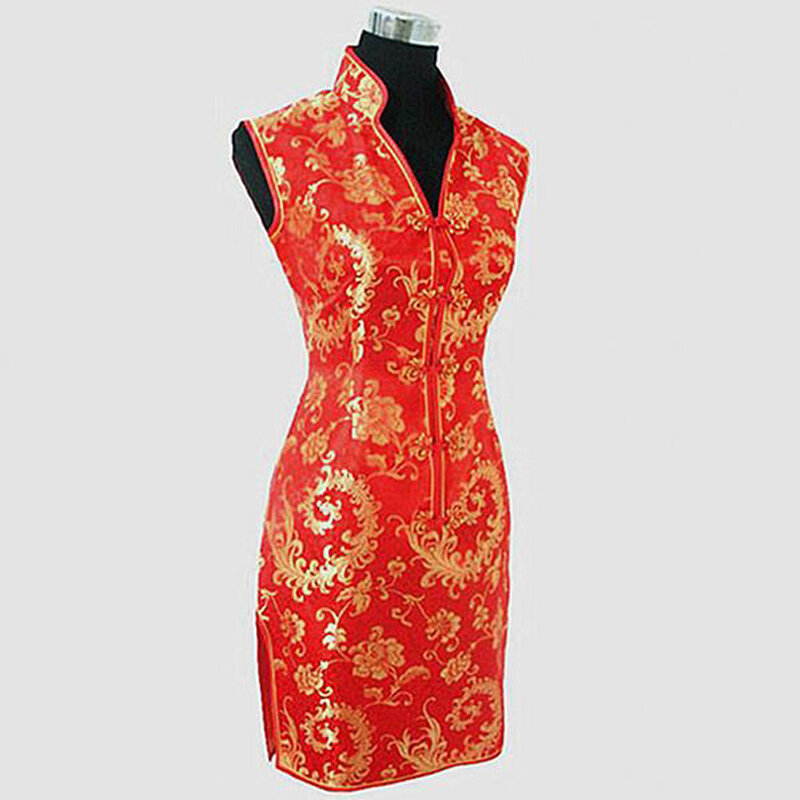 Granatowe chińskie tradycyjne kobiety letnia sukienka jedwabista satyna Cheongsam Sexy dekolt Qipao kwiatowy rozmiar S M L XL XXL XXXL WC013