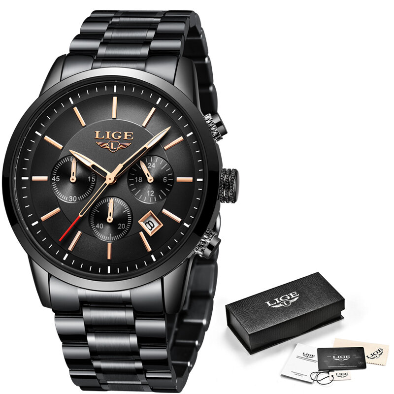 Reloj deportivo LIGE relojes de cuarzo analógicos relojes de lujo de marca para hombre de acero inoxidable reloj de pulsera impermeable