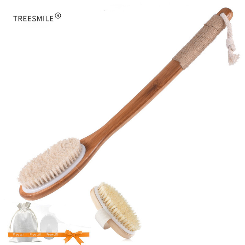 TREESMILE Natural Bristle Bath Brush SPA Woman Man Skin Care Dry Body Brush Exfoliating Wooden Body Massage Shower Brush D40