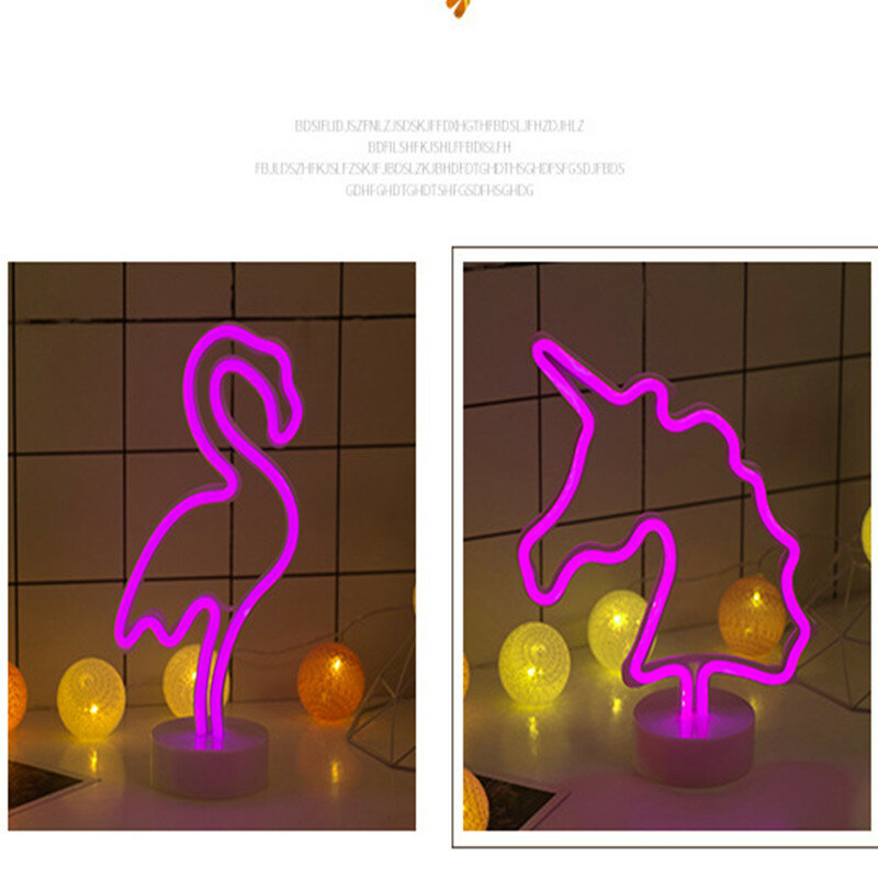 Luz de neón LED, señal de neón, lámpara de mesa de unicornio flamenco con 8 modos, funciona con pilas para el hogar, boda, decoración navideña, amarillo neón