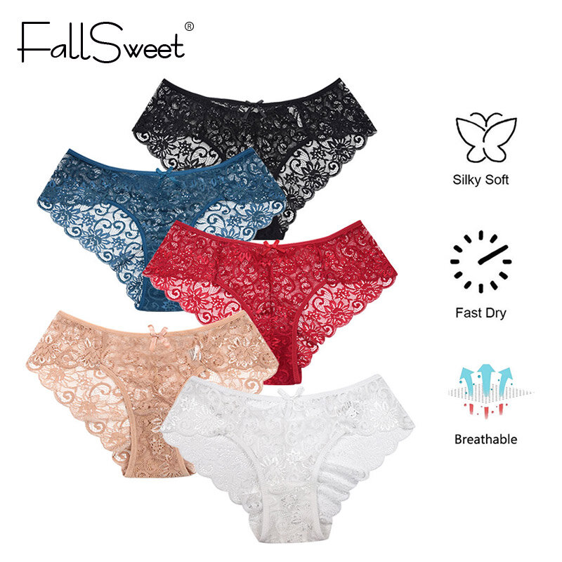 FallSweet-Paquete de 5 unidades Bragas Ultra encaje fino de tiro medio para mujer, ropa interior suave, transparente, hueca