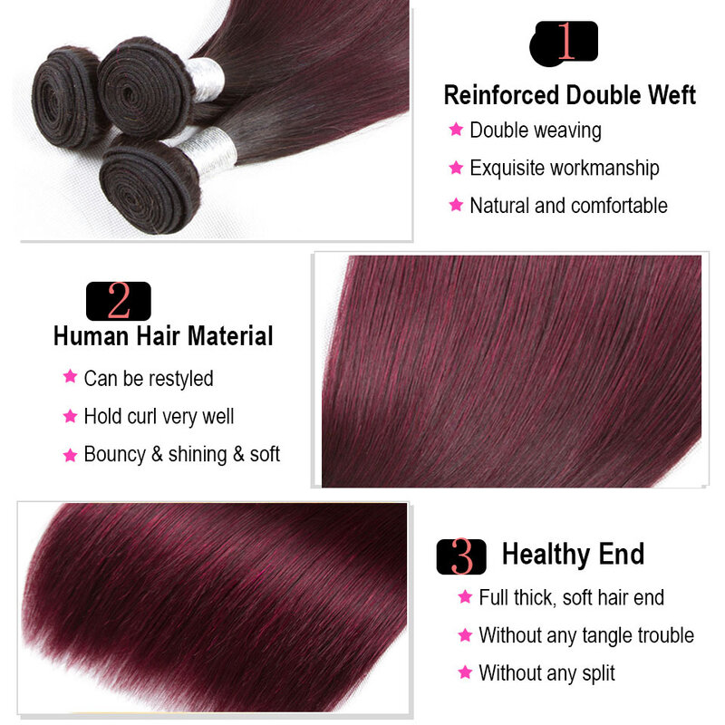 Pacotes retos do cabelo humano com fechamento frontal, Ombre peruano 1B, 99J, vinho vermelho, 2 pacotes