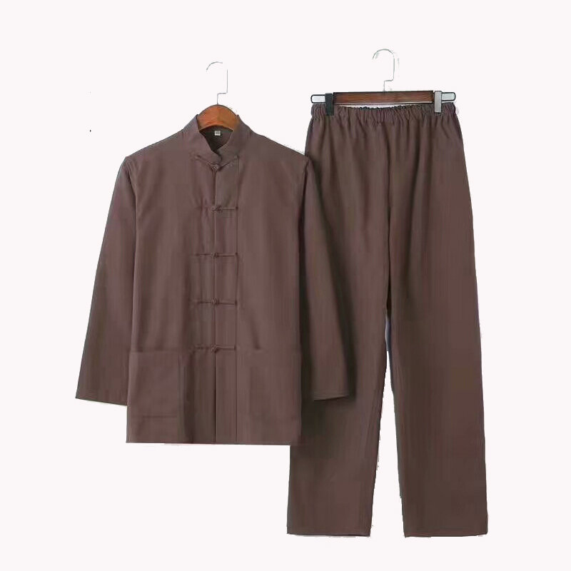 Мужской костюм кунг-фу, из 100% хлопка, однотонный, китайский, традиционный, свободный, комплект из куртки и длинных штанов, M-4XL, YZT0808