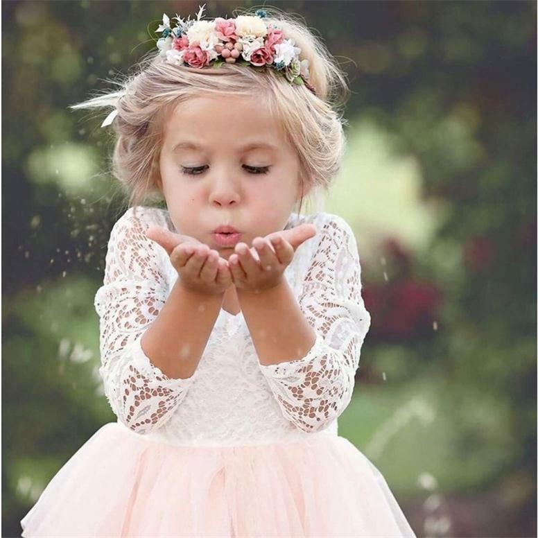 3-8Y Lace Cake Tutu Layered Backless Girls Kids Wedding Flower Girl Dress Princess Party Pageant Dress Long Sleeve Tulle Dress  