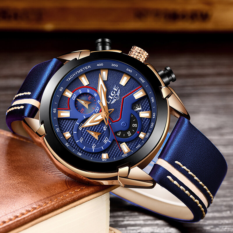 Часы наручные LIGE Мужские кварцевые, роскошные повседневные водонепроницаемые спортивные в стиле милитари, с кожаным ремешком, синие