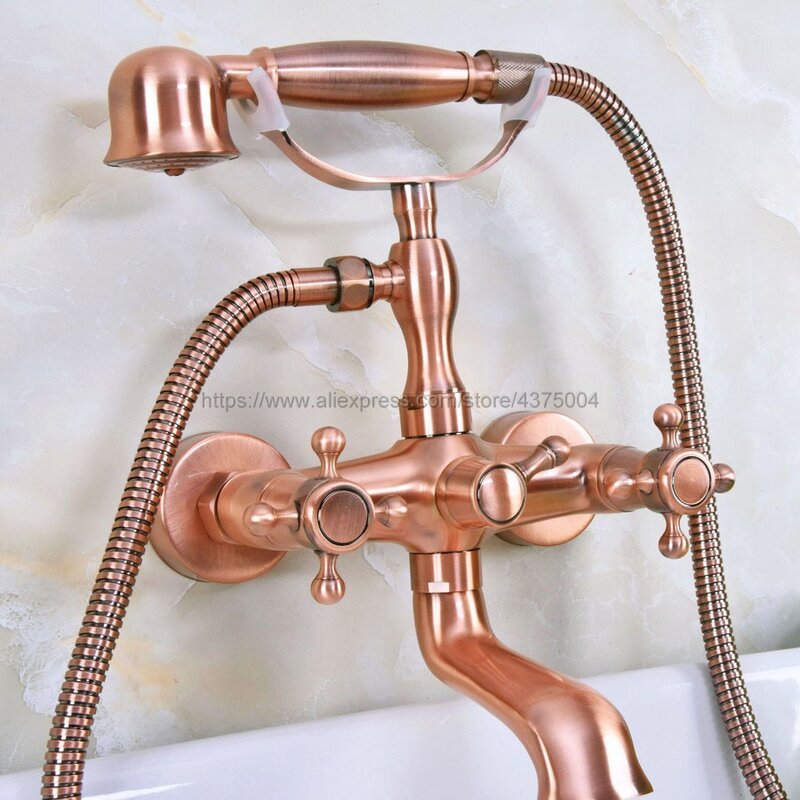 Grifo de bañera de cobre rojo antiguo para baño, grifería montada en cubierta de doble manija, con ducha de mano, Nna339