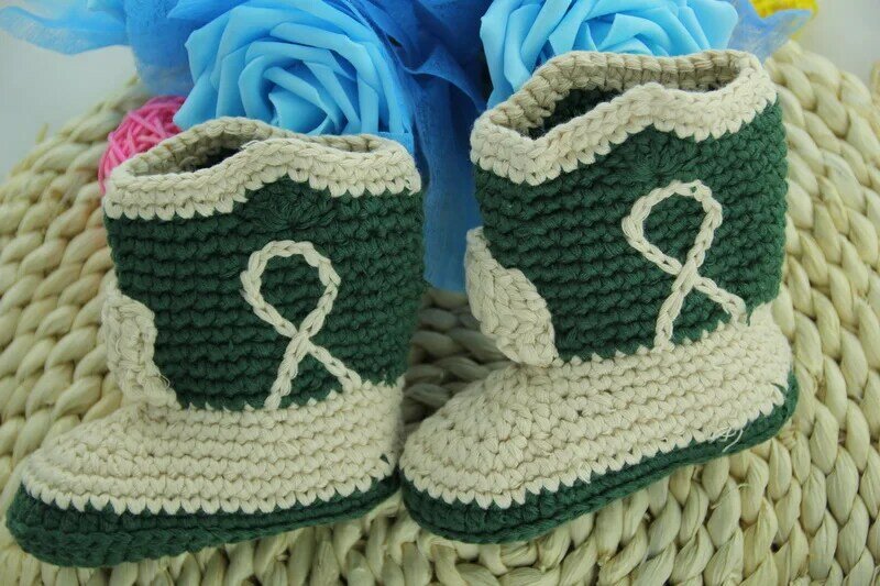 free shipping,Cute Handmade Knit Crochet baby Cowboy Boots Shoes Newborn Photo Prop New - Light yellow/atrovirens