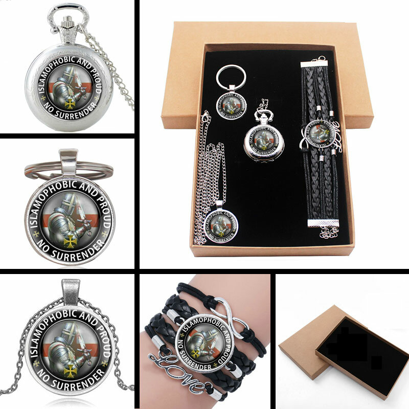 Juego de regalo de joyería de caballero templario Vintage sin entrega con reloj de bolsillo y COLLAR COLGANTE y pulsera de llavero con caja de regalo