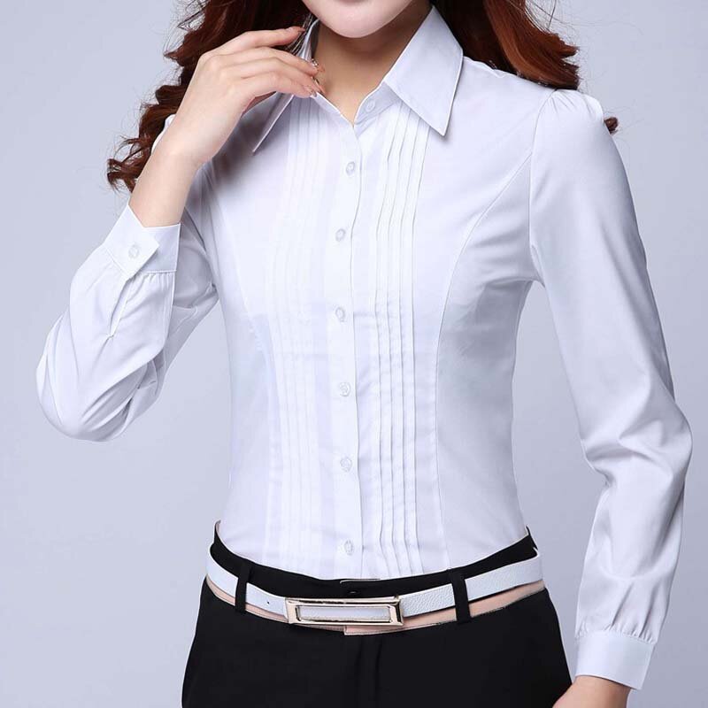 Fashion Formal Kemeja Pakaian Wanita Blus Slim Lengan Panjang Putih Blus Elegan Kantor Wanita Pakaian Kerja Tops Plus Ukuran 5XL