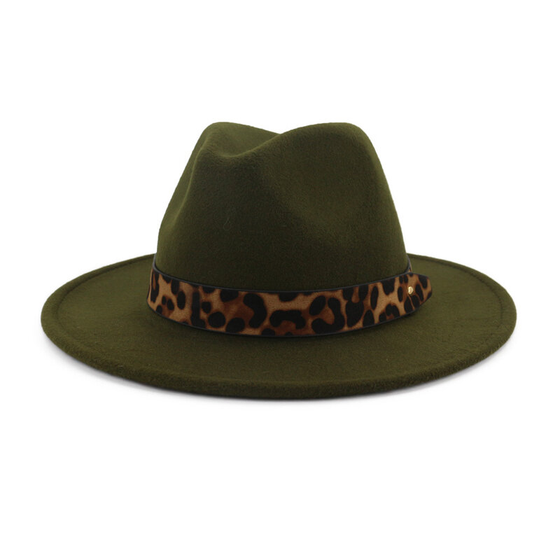 QIUBOSS Unisex Wool Felt Jazz Fedora Hats with Leopard Grain Belt Women Men Wide Brim Panama Trilby Carnival Formal Hat QB121