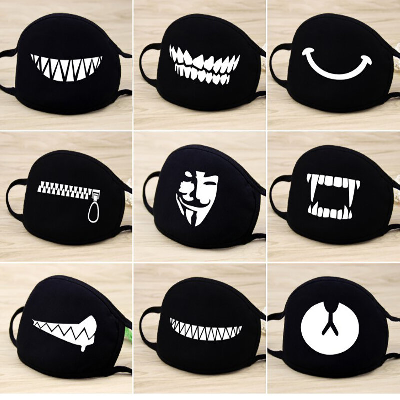 Black Unisex Face Mouth Mask Cute Bear Anime Mouth Mask Cotton Fabric Anti-dust Masks For Man Woman Winter Keep Warm Mask