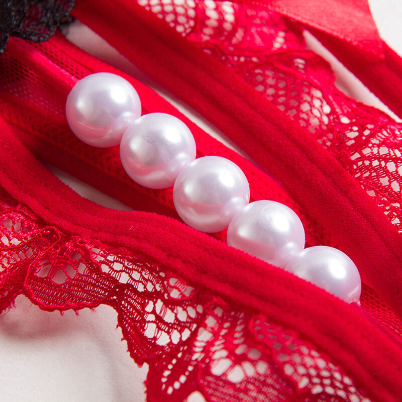 Najnowsza seksowna sztuczna perła bez krocza koronkowa kokardka damska stringi majtki typu figi stringi typu g-stringi na sprzedaż przezroczyste majtki na miesiąc miodowy