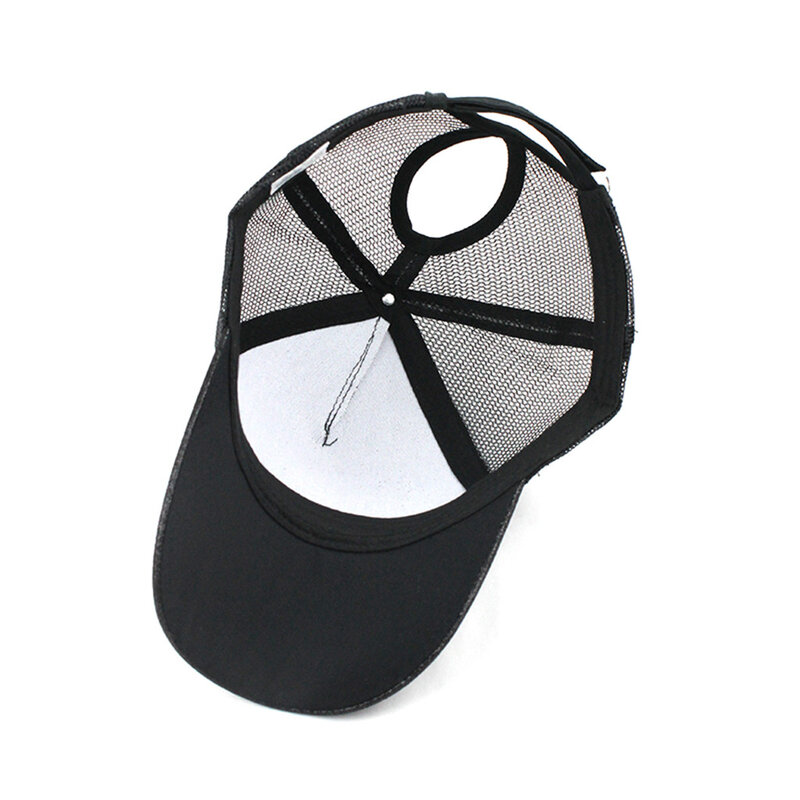 2019 새로운 반짝이 포니 테일 야구 모자 지저분한 높은 포니 테일 모자 여자 스팽글 스트레치 모자 여름 메쉬 모자