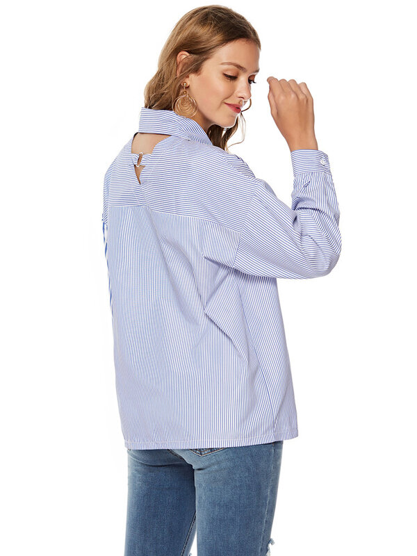 Kobiety bluzki 2019 moda z długim rękawem skręcić w dół kołnierz luźna bluzka w paski koszula Casual topy Plus rozmiar Blusas Femininas
