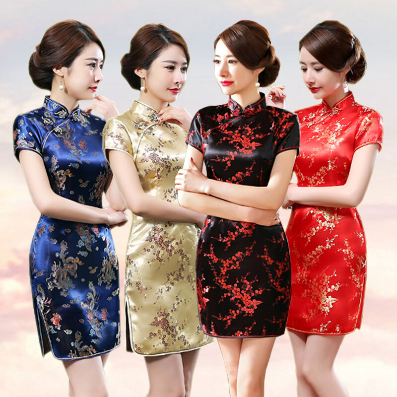 Gaun pendek kerah Mandarin 6XL Oversize Cheongsam Formal wanita elegan Qipao tradisi Shanghai lama gaun pendek seksi