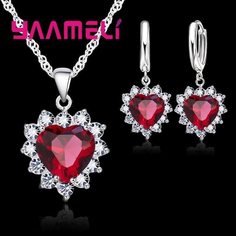 Conjunto de joyería de plata de ley 925 para mujer, Colgante de Piedra CZ con corazón, collares, pendientes, regalo de aniversario de amor