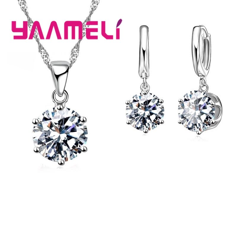 Set perhiasan kalung & anting-anting Set perhiasan kristal bulat bening jarum perak Sterling 925 kualitas terbaik untuk hadiah pesta wanita