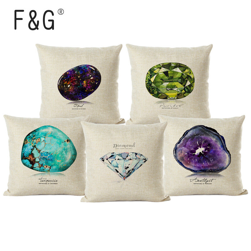 Funda de almohada de algodón y lino con gemas de colores para sofá