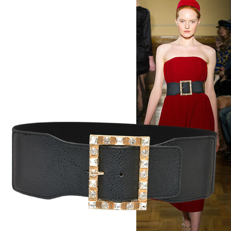 حزام نسائي من جلد البولي يوريثان ، إكسسوار ملابس بعرض 7.5 سنتيمتر ، حزام مربع بإبزيم زجاجي ، زخرفة سوداء ، أزياء ترفيهية