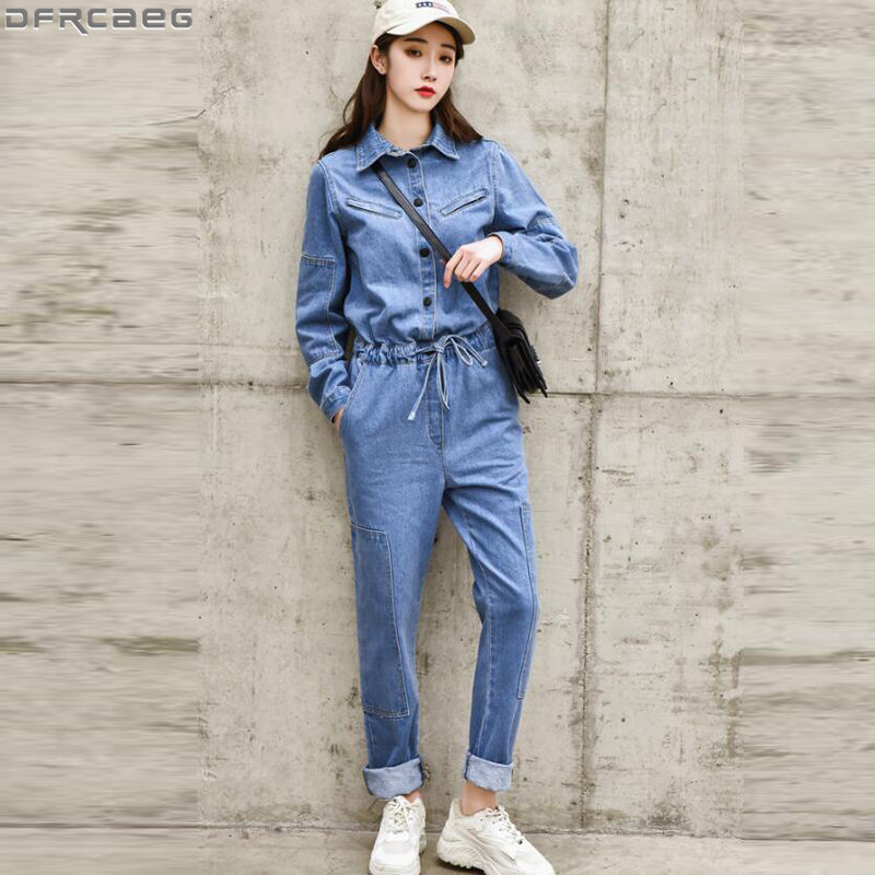Macacão jeans feminino slim, elegante, com cordão, cintura alta, manga comprida, body casual