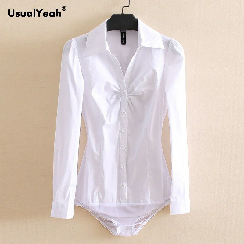 Usoalyes-Camisa de manga larga con pliegues frontales para mujer, Blusa de algodón minimalista con cuello en V, color azul claro y blanco