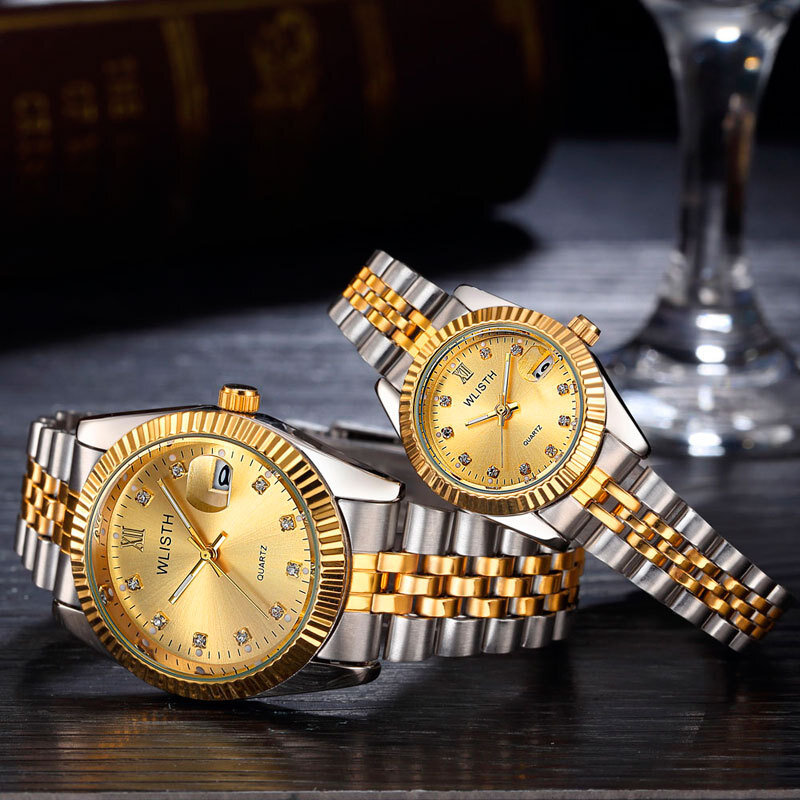 男性と女性のための高級クォーツ時計,ステンレス鋼の腕時計,耐水性,アナログ自動日,ゴールドカラー,2023