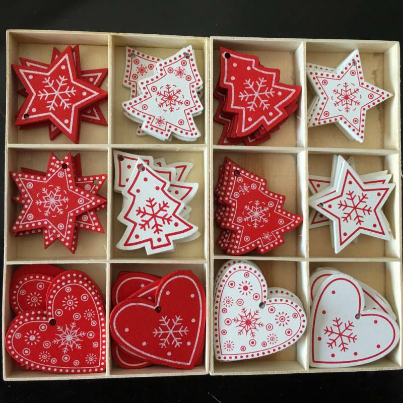 Colgante de madera Natural con forma de corazón y estrella para decoración del árbol, adornos navideños de 5cm con forma de estrella y copo de nieve, confeti, 10 unidades