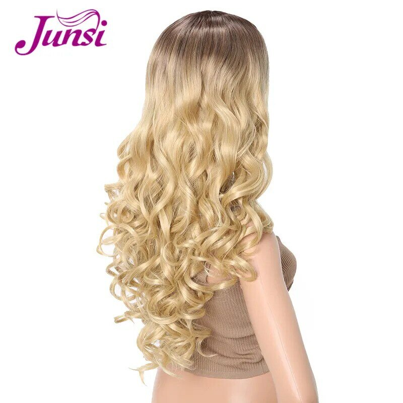 JUNSI Ombre pelucas doradas largo ondulado parte media raíces marrones oscuras pelucas sintéticas resistentes al calor para mujeres