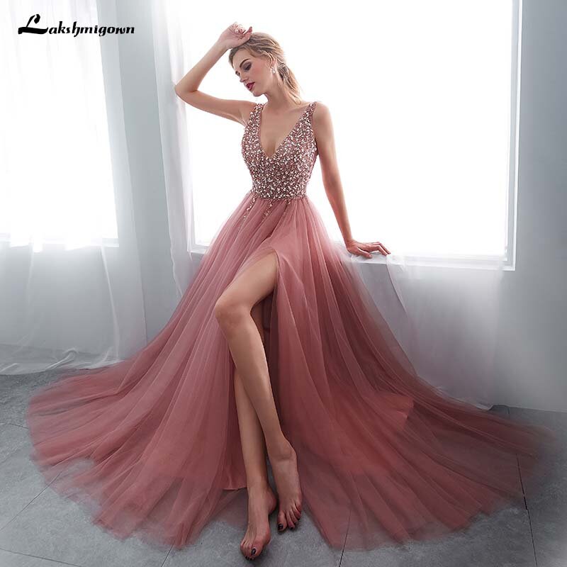 In Stock V Neck Beading Evening Dress Back Lace Up Evening Dress With Slit Evening Gown Long Prom Dress Robe De Soiree