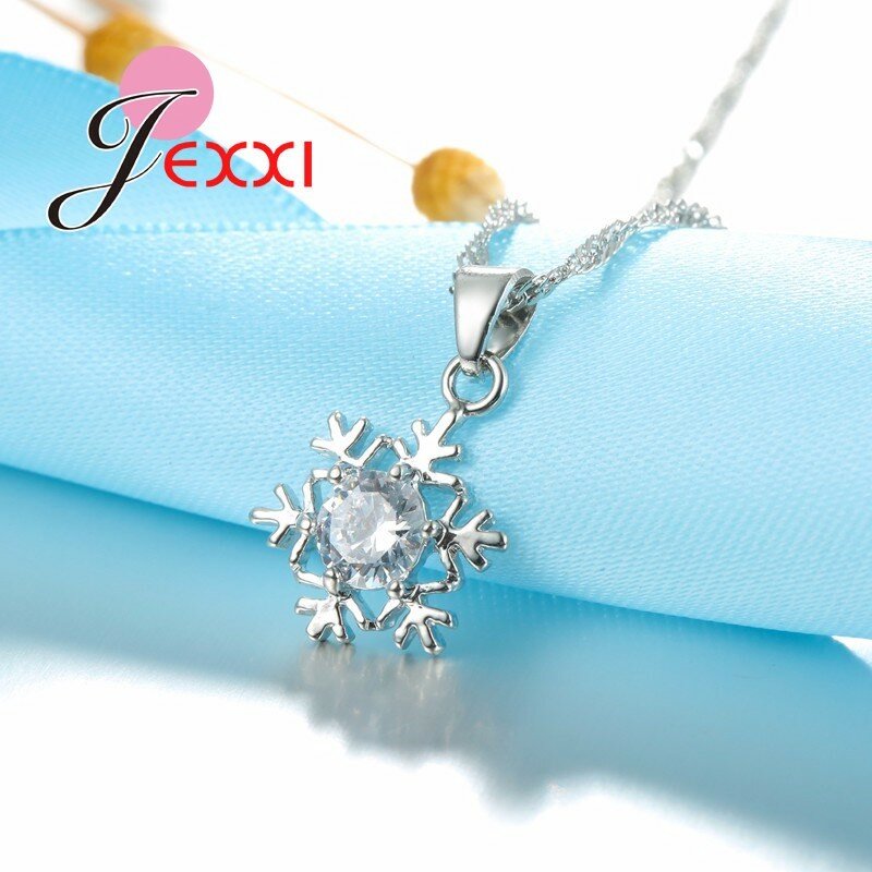 Elegant Women Snowflake Pendant Crystal 925 Sterling Silver Chain Necklace+Earrings Set Female Fashion Wedding Christmas Jewelry