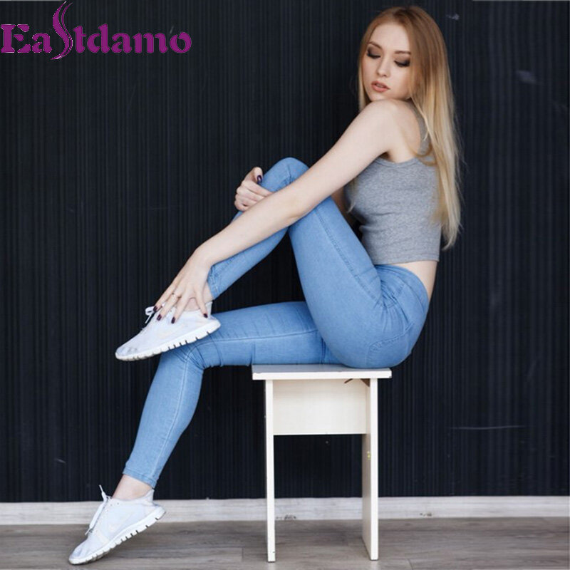 Eastdamo-Jean slim taille haute pour femme, pantalon crayon en denim bleu, grande taille