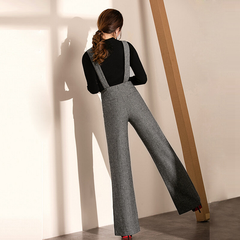 Jumpsuits Women Rompers 70% Wool Blended Fabric Pockets Button Decoration Full Length Wide Leg Classic Design New Fashion 2018